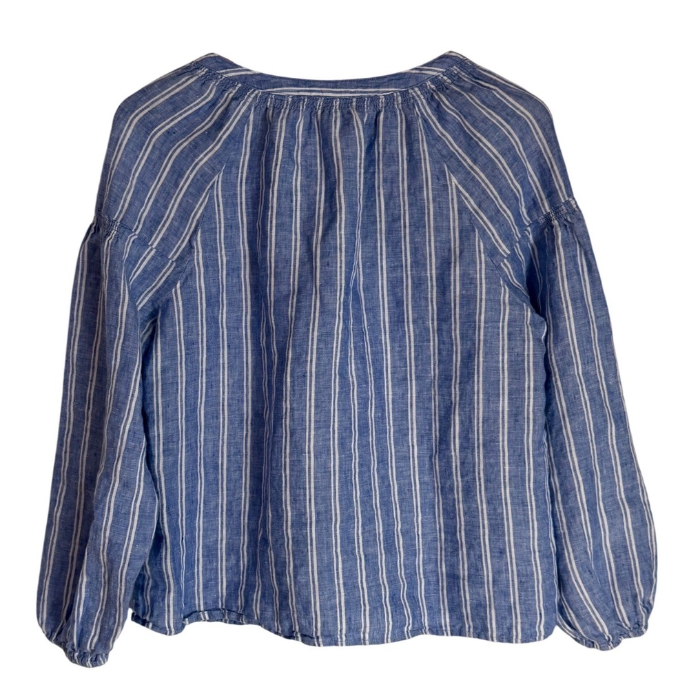 Talbots Linen Blouse Petite Medium Blue White Stripe Boho Peasant Top - Picture 3 of 8